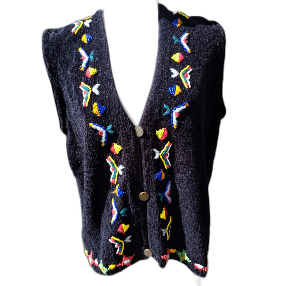 Gorgeous Indian Beaded CHENILLE Soutwest Sante Fe Vest Copper Buttons Sz. Medium